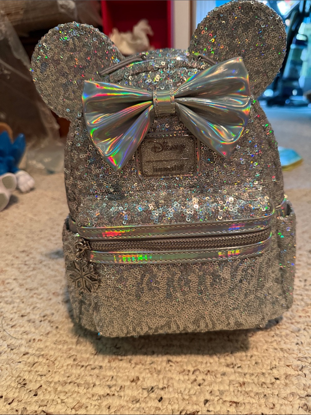 Disney Silver Sequin Minnie Mouse Mini Backpack with Holographic Bow